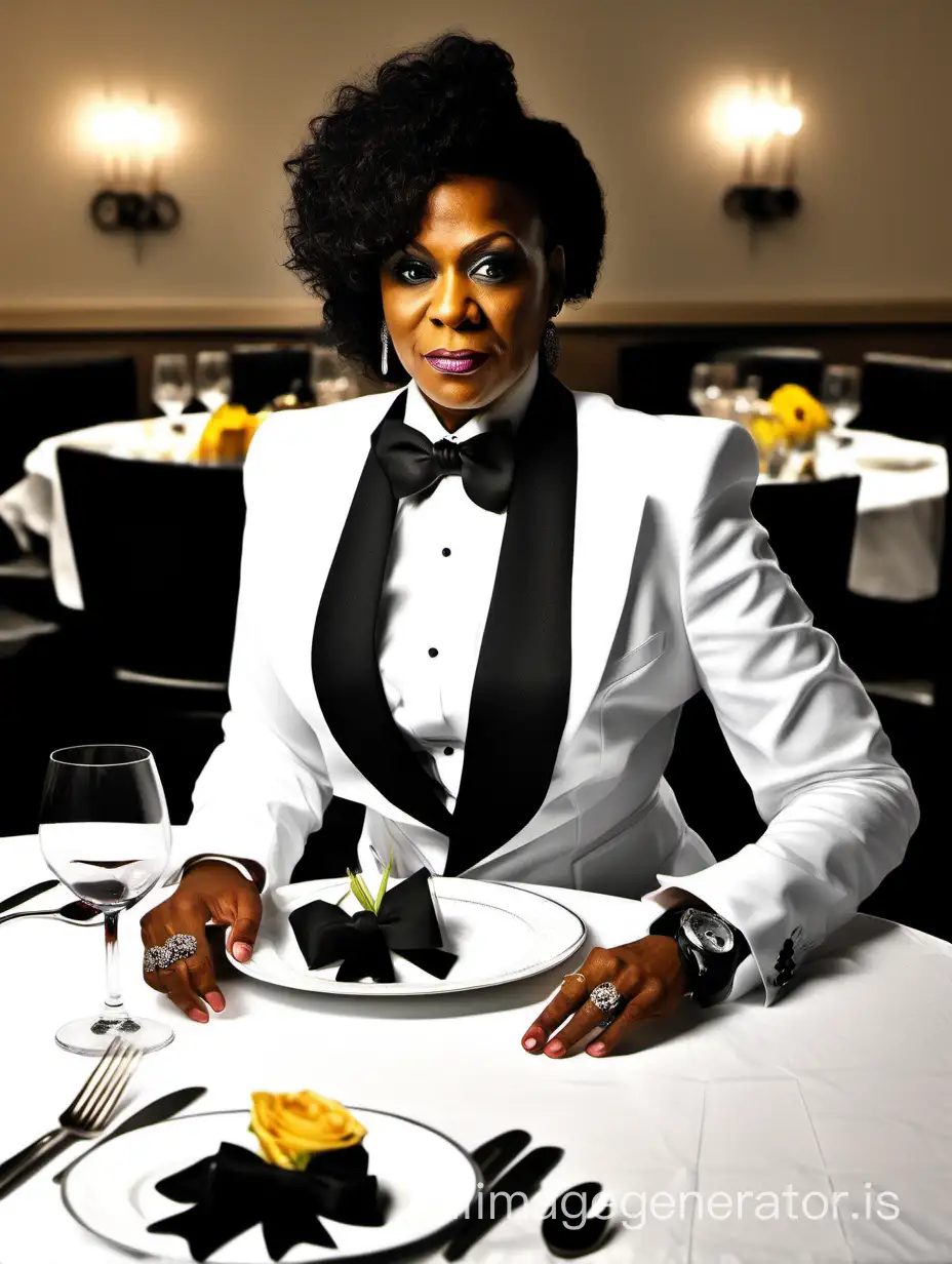 40 year old stern Black woman wearing a tuxedo with a black bow tie and big black cufflinks. Her jacket has a corsage. She is sitting at a dinner table.
