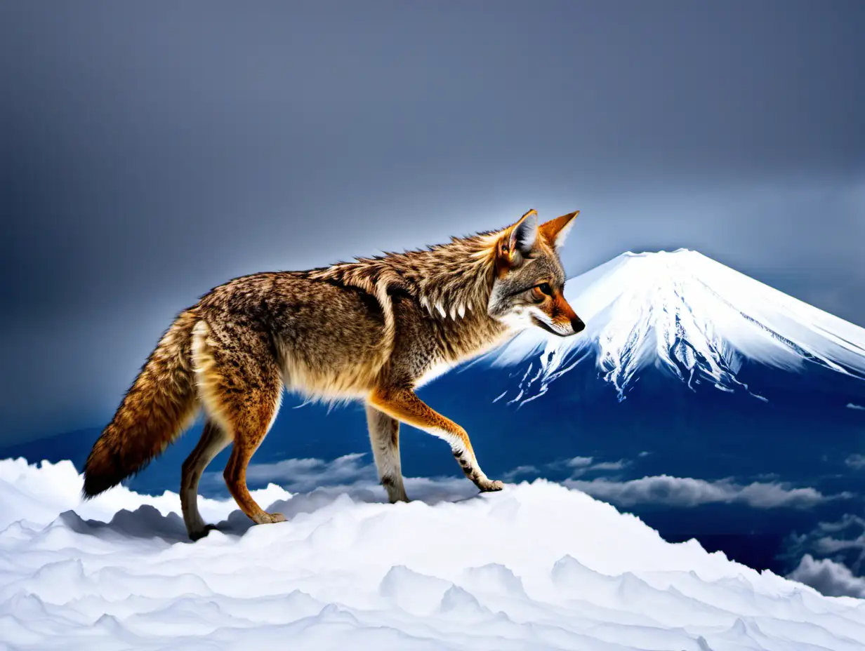 coyote climbing Mt Fuji in a winter storm