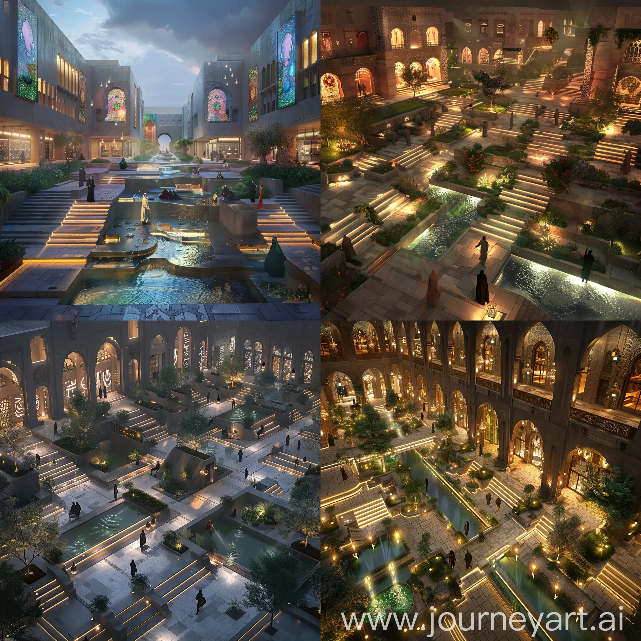 landscape urban deconstruction design of jewelry shops facades with steps and led light between them with water features and some greens and pedestrian paths a huge courtyard with Hijazi Arabian style with interactive people