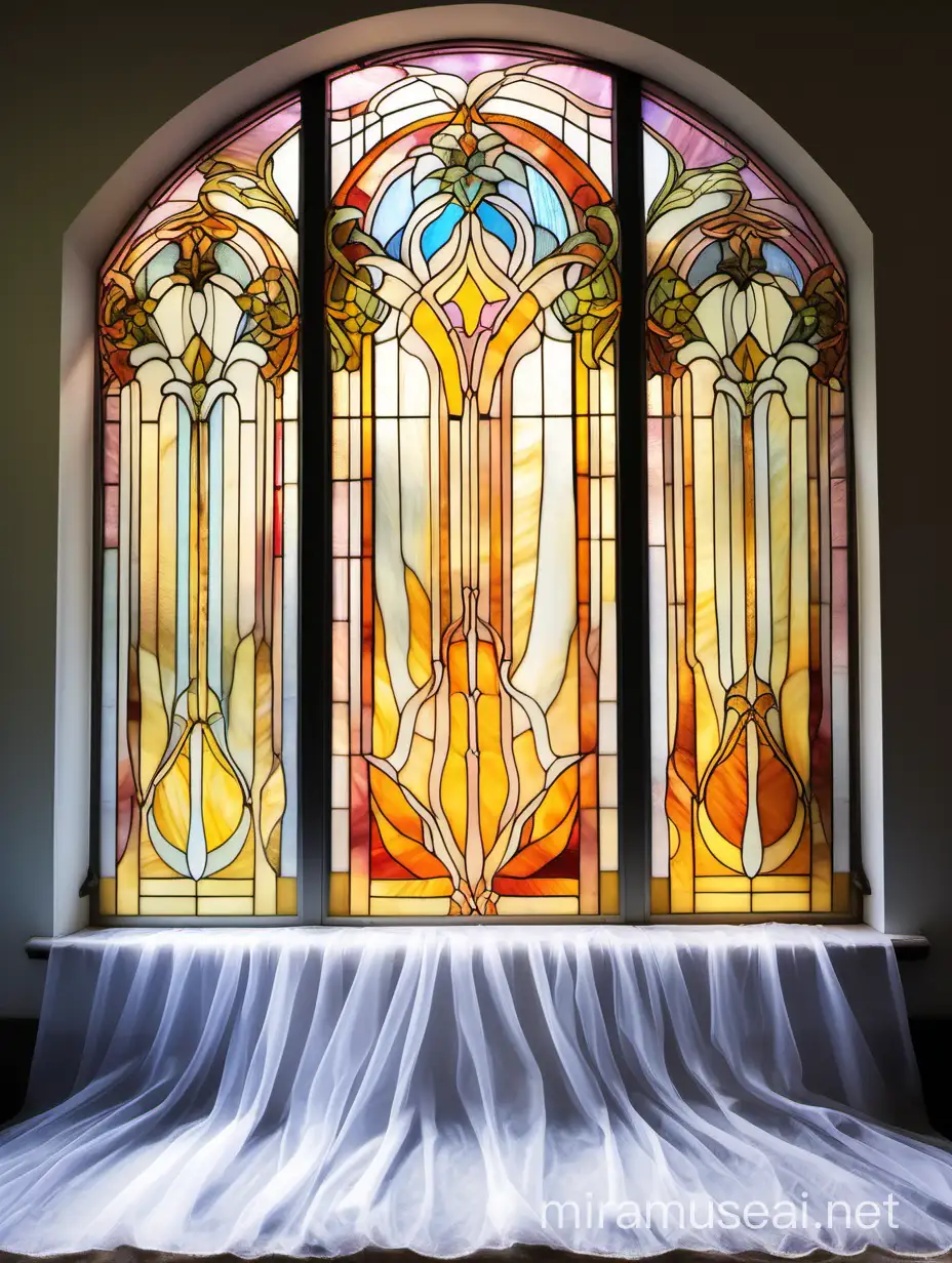 витраж из желтого, оранжевого, розового, синего и белого стекла тиффани, в стиле ар нуво на окне на фоне штор из белой органзы