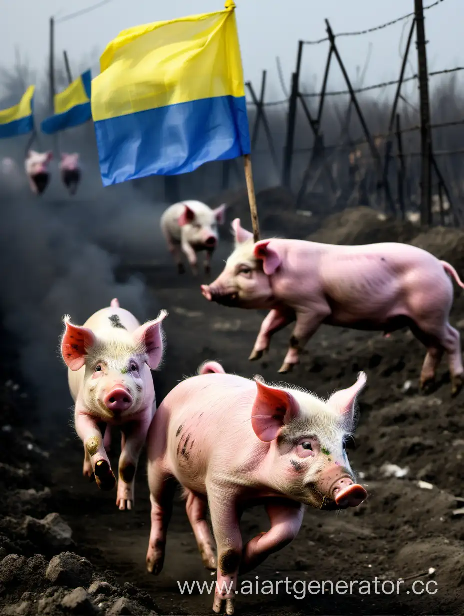 Свиньи с украинским флагом  бегут из под обстрела
