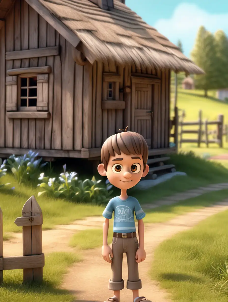 Create a 3d illustrator of an animated character of a 10 year old boy standing 50feet far from a wooden house in a small village. The image should look like the boy is looking at me.