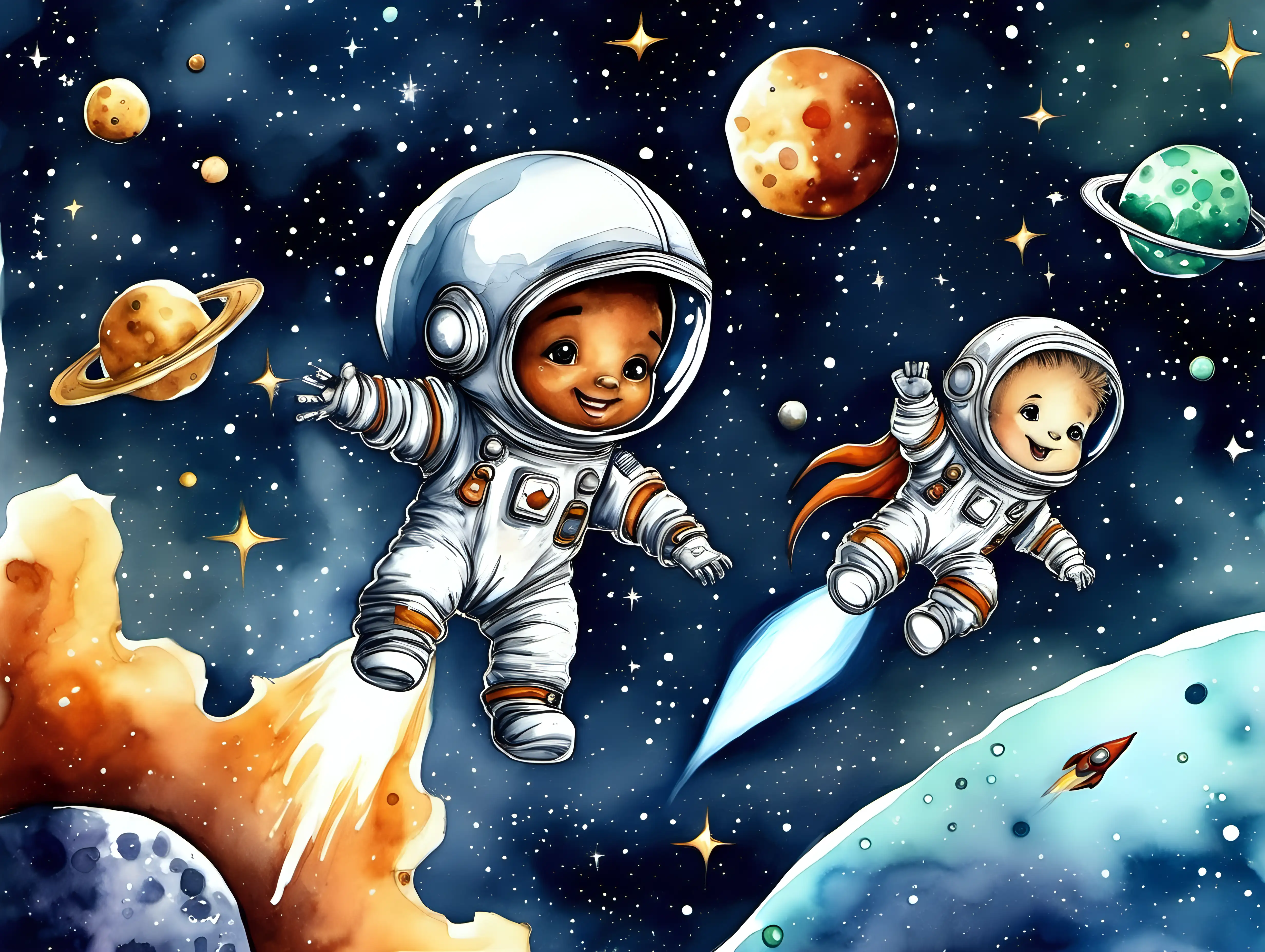—sameseed  https://www.midjourneyai.ai/record/49765-Adorable-Space-Exploration-Cute-Astronaut-in-Rocket-Soaring-through-Watercolor-Galaxy, Two aliens, one astronaut boy