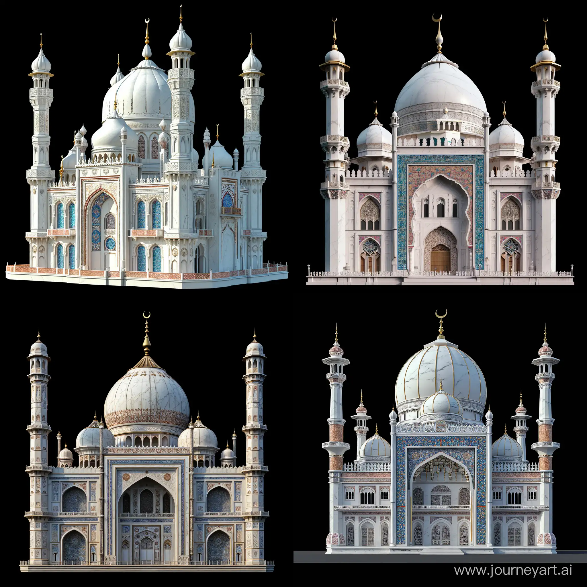 3d rendered: A Tall height large area multi storey Umayyad mosque, Mughal dome and thin decorative Mughal spires minarets, Curved chala style Bengal roof, Gurudwara balconies, Rajput architecture curved jharokha windows and Rajasthan chhatri, Modern White marbled facade, blue red finely thin floral Persian tiles motifs, shiny gold finial and golden arabesque ornaments, black background, full view, front view, symmetric --v 6