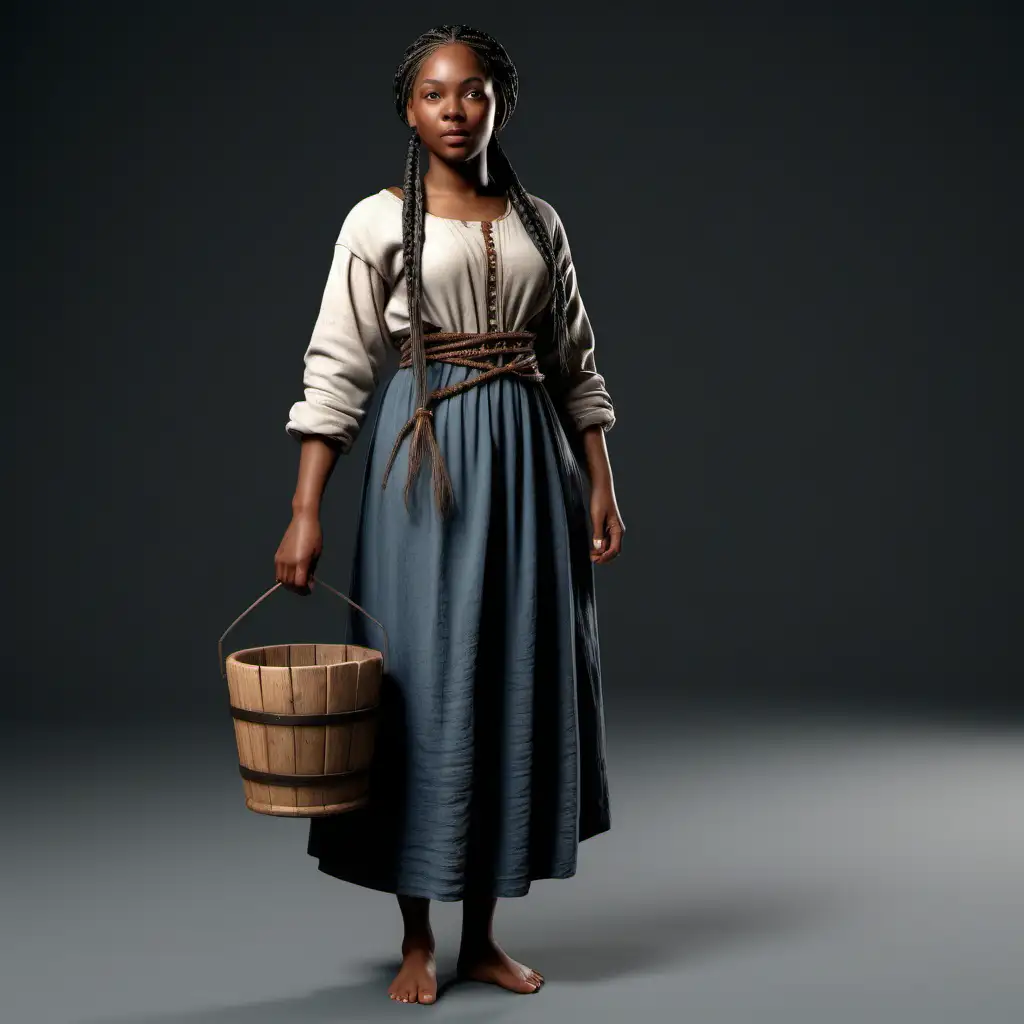 SemiRealistic Black Female with Braids in 1400s Attire Gazing Left with Wooden Bucket