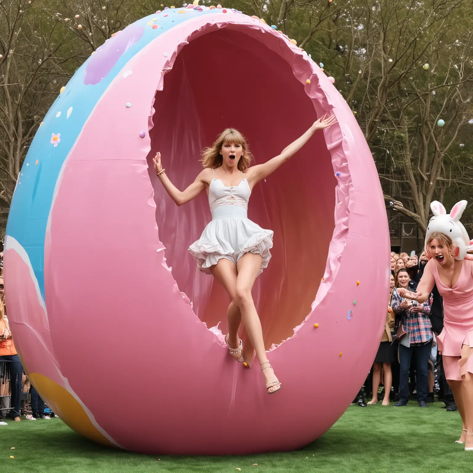 Taylor Swift popping out of giant easter egg