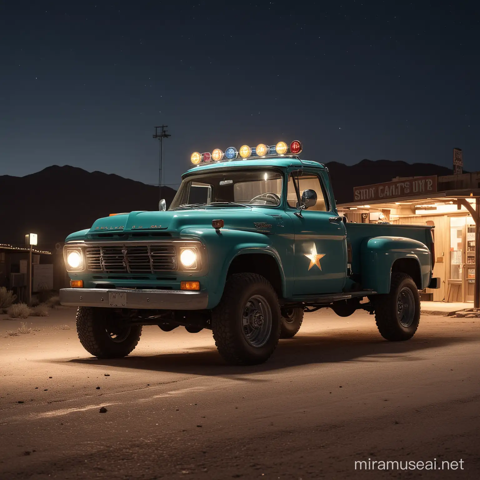 Classic sheriff pickup truck with light up in gas station in desert at night, high resolution 4k