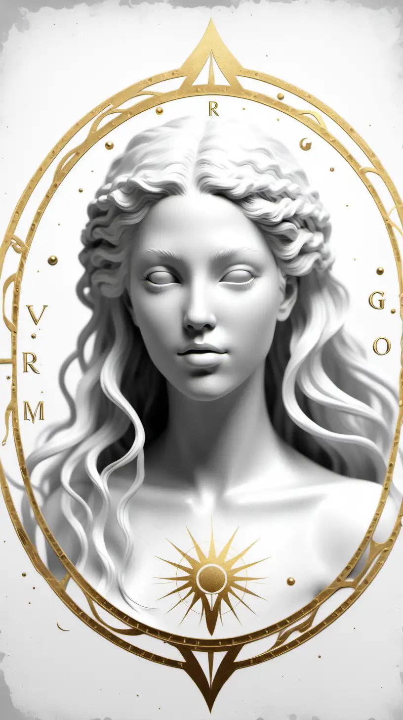   featuring a realistic  [virgo zodiac]
[black and white and gold]
white empty background