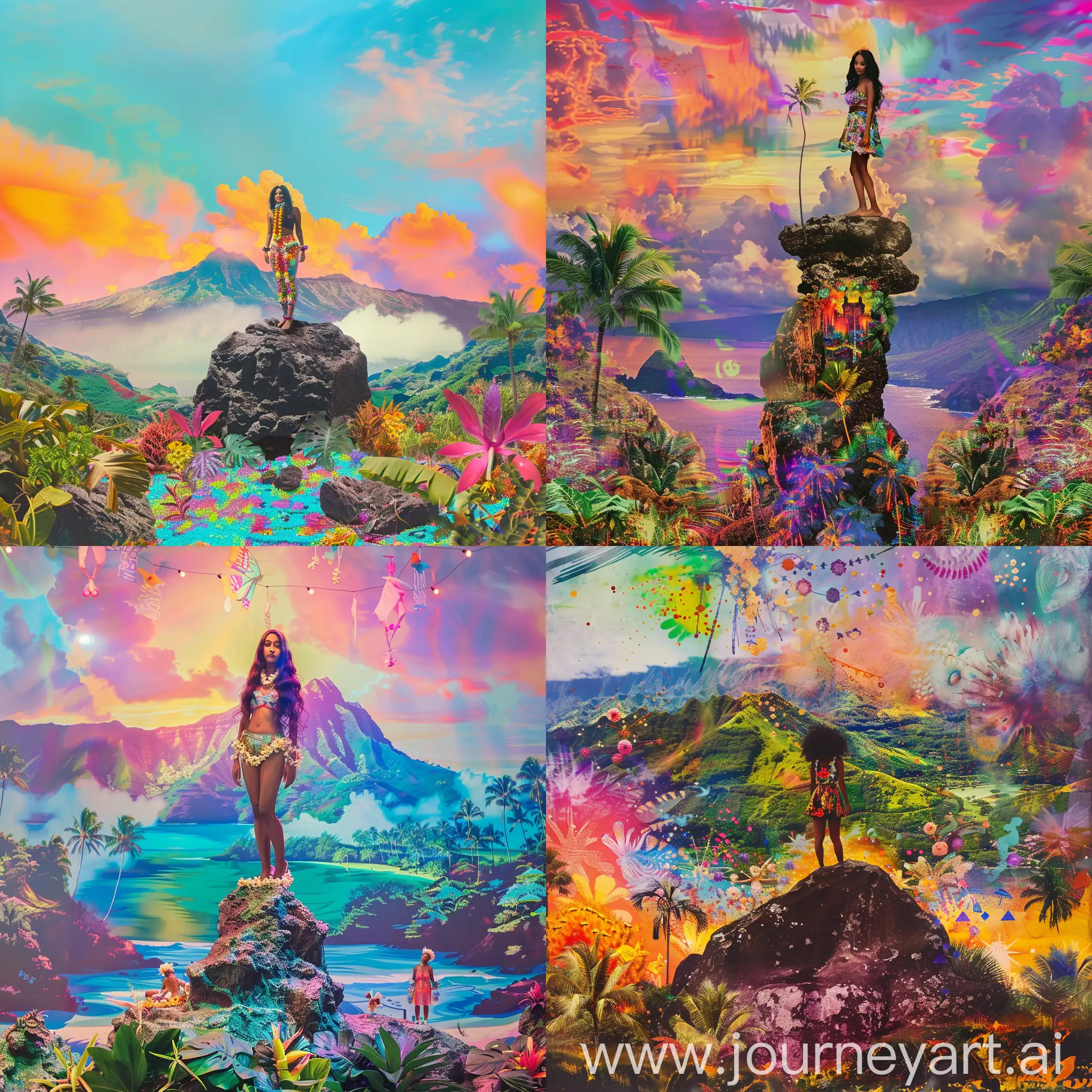 Blasian woman staring at the camera standing on top of a rock in a Hawaiian festival landscape with colorful and joyful pallet