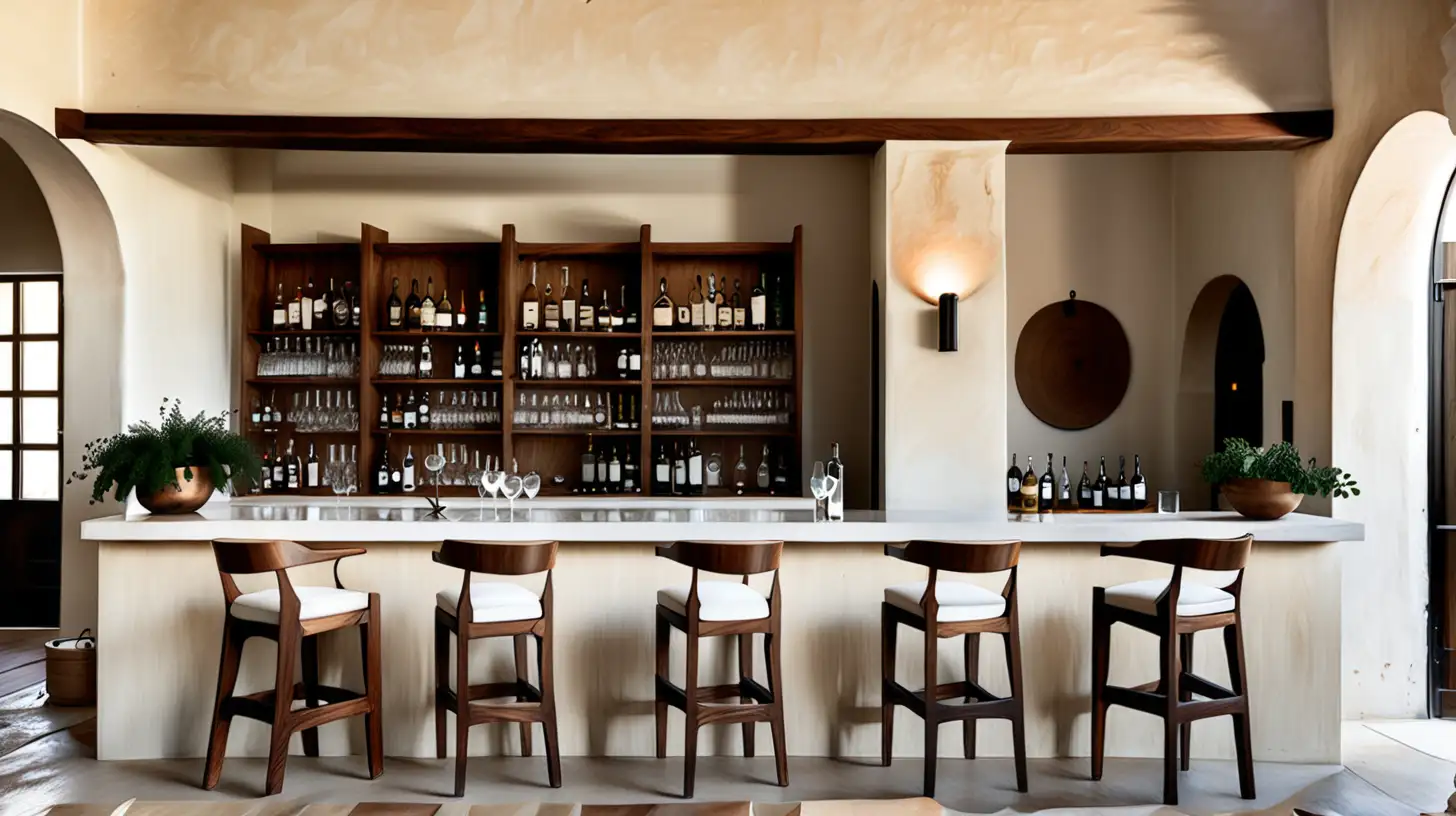 a modern minimalist organic Mediterranean inspired large open bar room that is warm and airy; walnut wood, Bauwerk Limewashed walls in Raw White,, ivory walls, European Linen 