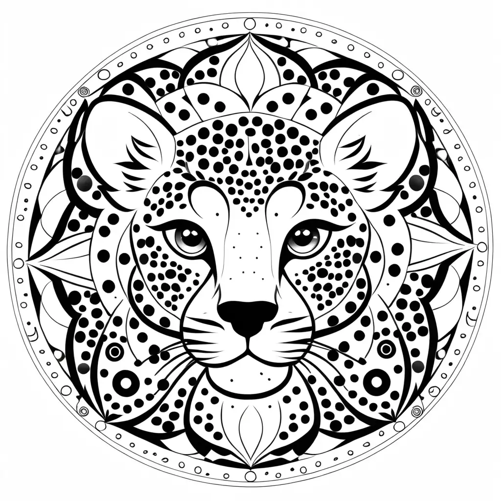 Black and white full page mandala coloring page for adults, cute face Cheetah, radial, full page with no borders, symmetrical, simple, geometric, abstract pattern, interlocking circles, shapes with black lines, printable outlined art, thin lines, crisp lines --style 4b --v4-, white background