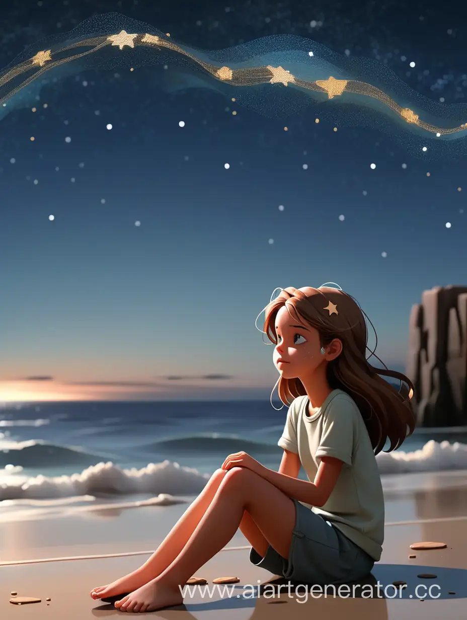Stars in the sky, ocean on the ground, and a girl sitting by the ocean.