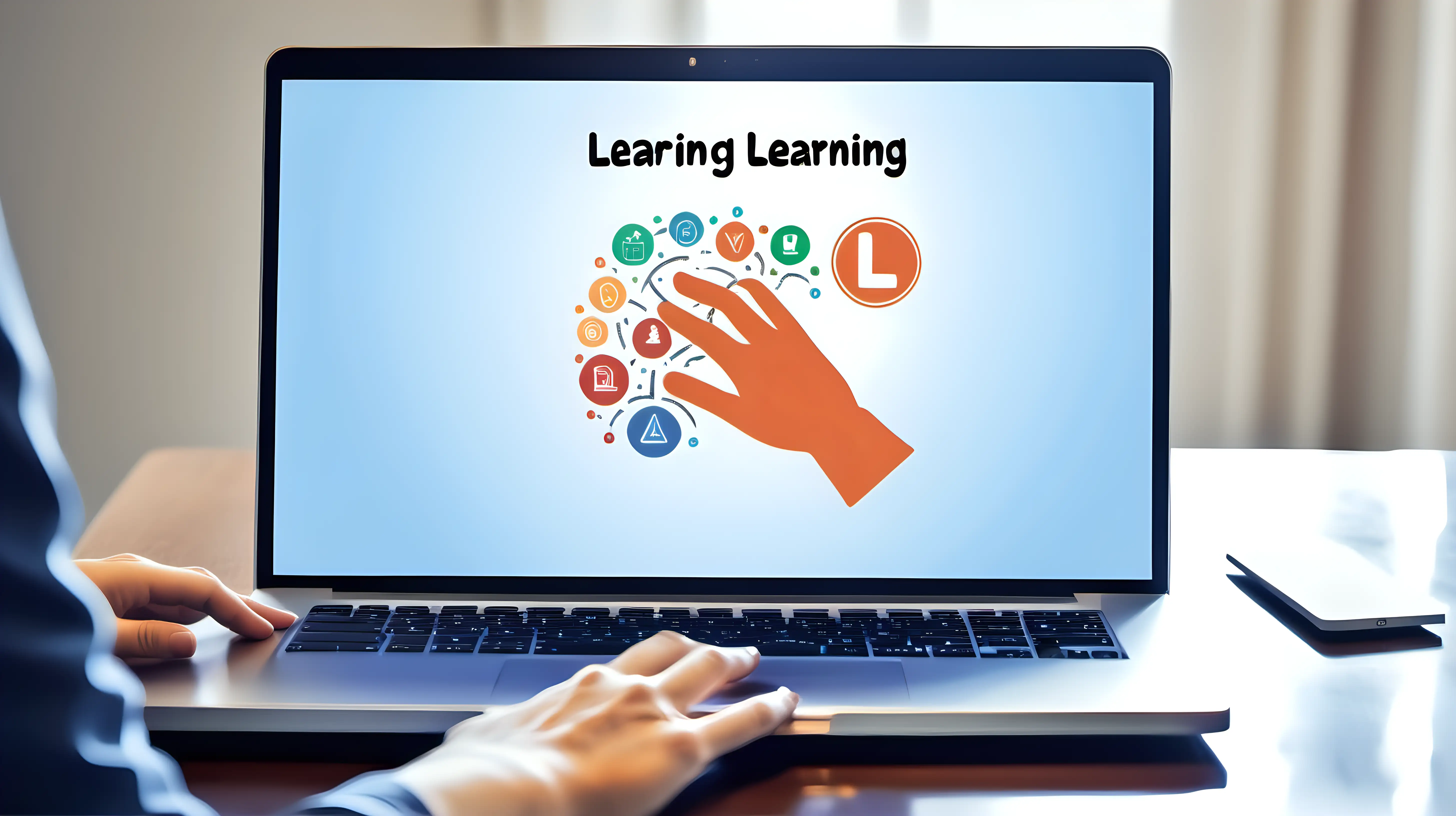 Online Learning Concept Hand Using Laptop with Learning Icon