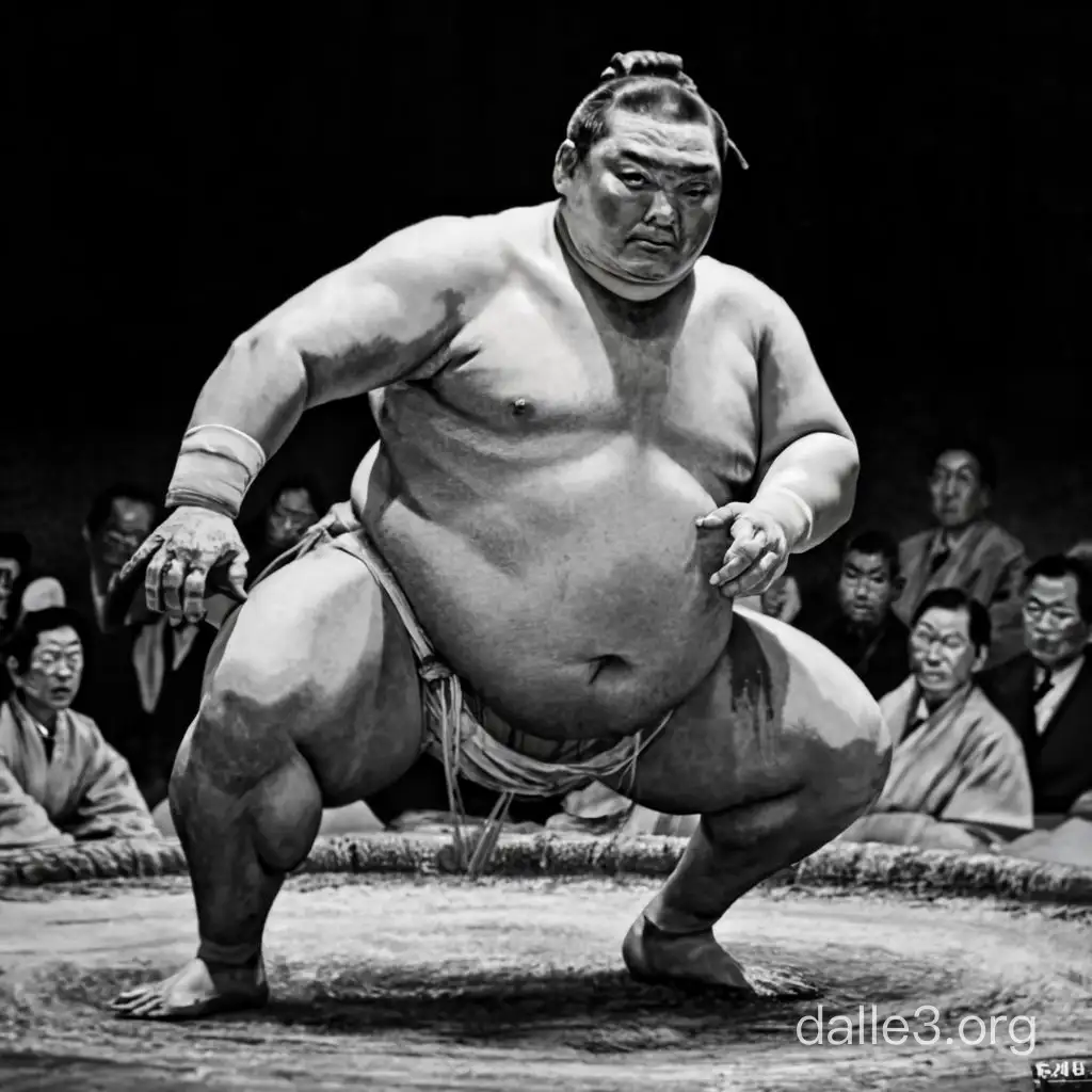 hyper realistic sumo wrestler 1950 black and white traditional japan