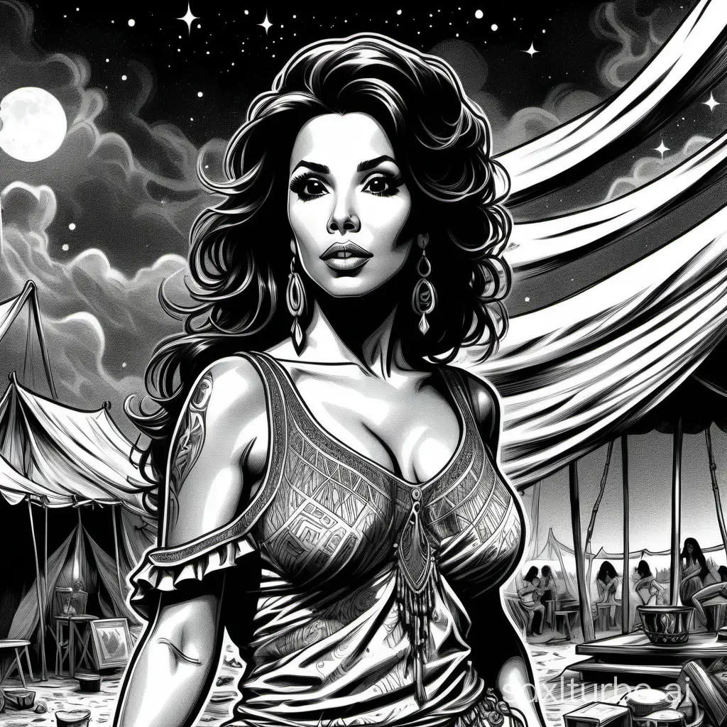 depict an Eva Longoria:gypsy dancer, in a fantasy gypsy camp, cloudy night, half body, vintage black and white ink comic, high contrast, hatching, black and white chroma, vintage print press, fantasy, style of 1982 Basic D