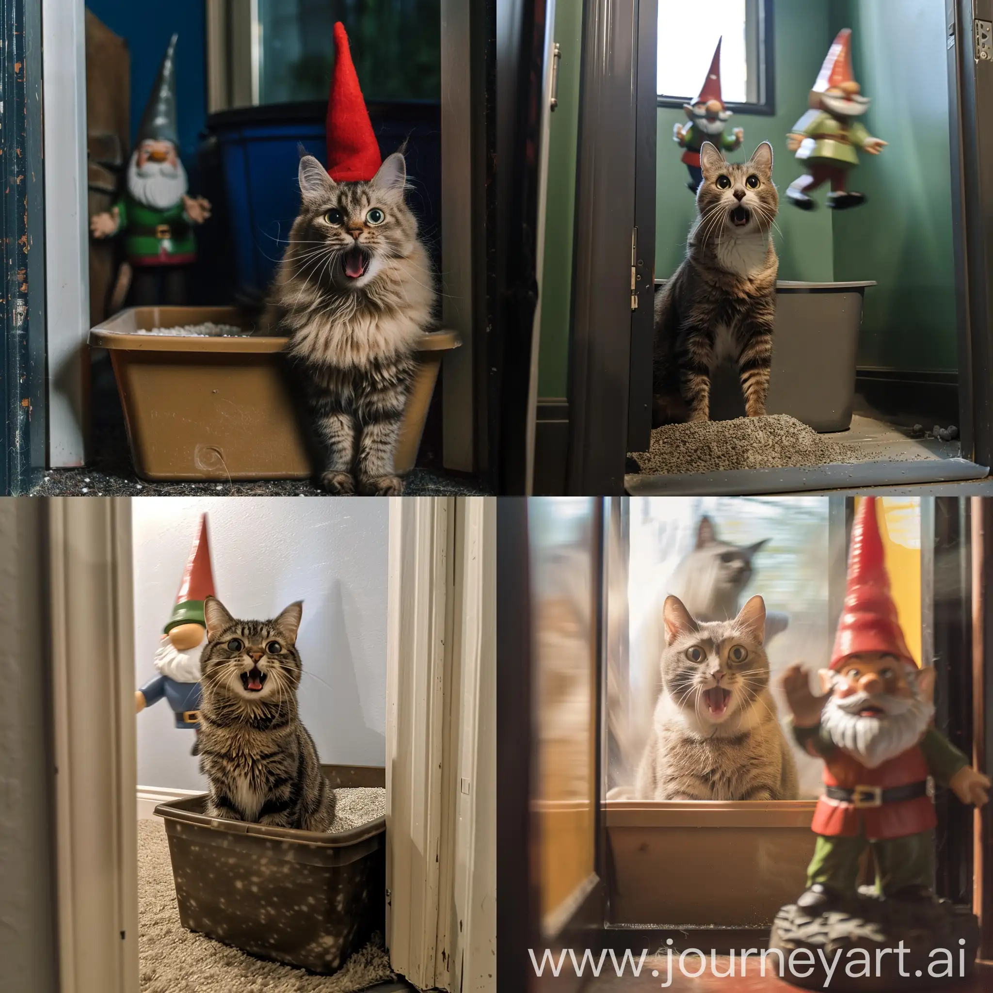 Startled-Cat-in-Litter-Box-Watches-Blurry-Gnome-Dash-By