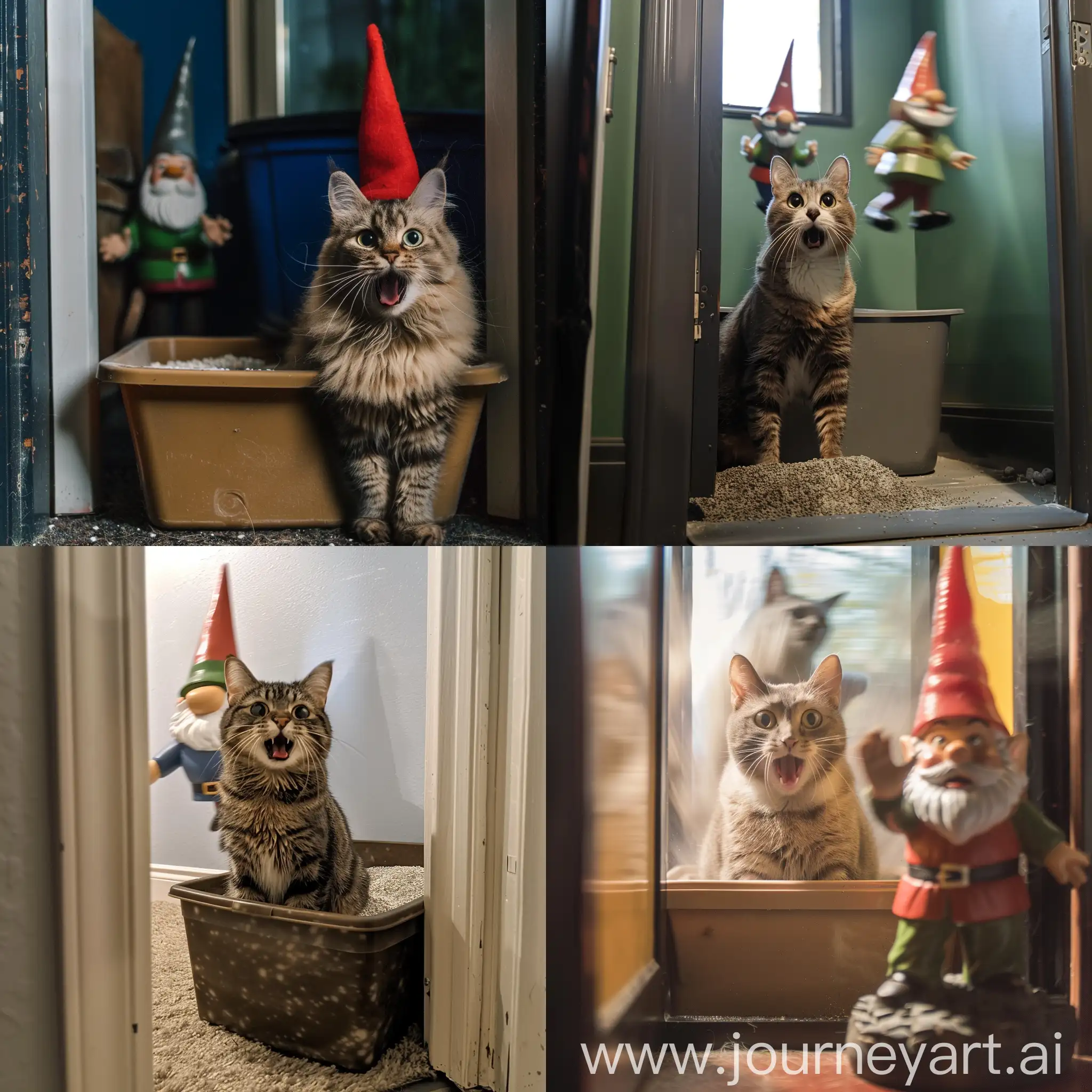 The cat is sitting in the litter box and is shocked because he looks through the door behind him and there's a gnome that runs by so fast it's blurry.