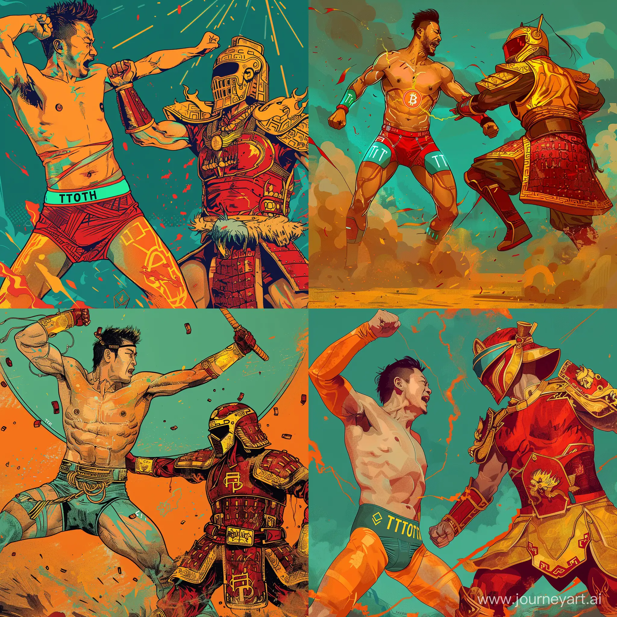Art. Colour: deep orange and teal. Justin Sun in Tron crypto underwear defeated in battle by stoic Chinese warrior in red and yellow armour and visor helmet.