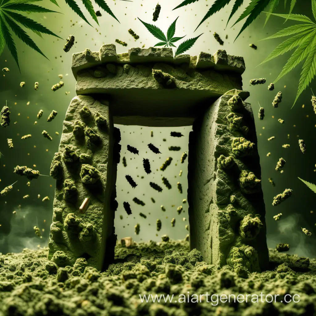 раста стоунхэндж из марихуаны, отчётливо видны шишки марихуаны, hd, большой маштаб, на фоне падают листья марихуаны, без текста