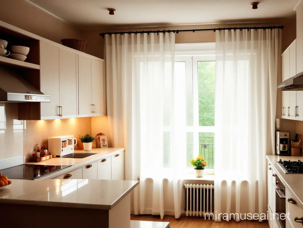 Cozy Kitchen Interior with Light Curtains