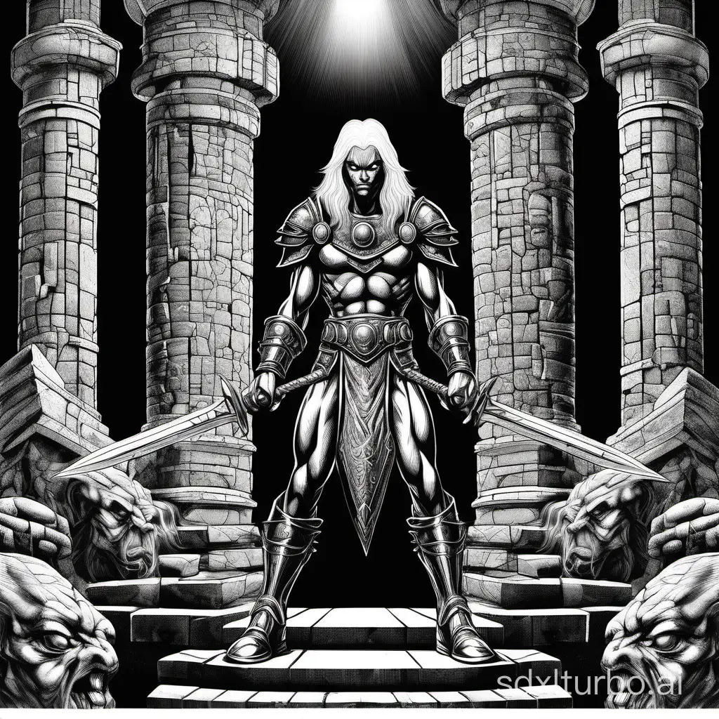comic line art, drow warrior, black skin, white hair, chainmail, in a temple, exaggerated expression, full body, vintage black and white ink, 2bit vector, high contrast, heavy lines, loose thick lines, exaggerated visible crosshatching, black frame, lowres, abstract, low detail, fantasy, style of classic AD&D, by Jeff Dee, by Erol Otus, by Larry Elmore, by Jeff Easley,