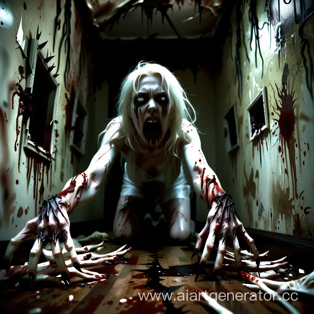 A horrifying nightmare scene of a zombie woman with long, curved pointed nails protruding from her five fingers like menacing claws. Her skin is pale and rotting, and her eyes are a vacant, milky white. Her mouth is wide open, revealing a row of sharp, pointed teeth that resemble fangs. She stands in the center of a dimly lit room, surrounded by scattered debris and overturned furniture. Blood stains the walls and floor, adding to the haunting atmosphere. The air is thick with a sense of foreboding, as if something terrifying is about to happen. The woman's movements are slow and deliberate, as if she's struggling with some unseen force. The shadows dance across her body, casting an eerie glow that highlights her grotesque appearance. The room itself appears to be in disarray, as if a struggle has taken place, adding to the sense of unease and danger.hyper-realism, cinematic, high detail, photo detailing, high quality, photorealistic, terrifying, aggressive, bloodlust, sharp fangs, dark atmosphere, realistic, detailed nails, horror, atmospheric lighting, full anatomical. human hands, very clear without flaws with five fingers