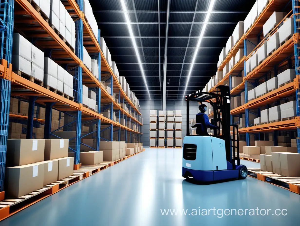 View of the warehouse of a futuristic manufacturing plant. Several rows of racks, with cells for Euro pallets, 6 tiers high. In the foreground, a forklift controlled by a robot is driving and carrying a pallet of goods. The robot looks like a person. Pallets on racks with goods, packed in film. On the lower tiers - partially unpacked. The picture is bright and optimistic. Light blue and dark blue racks, wooden pallets. Barcodes and other markings are clearly visible on the cells and boxes of goods. The view is slightly from the side so that the loader can be seen in 3/4