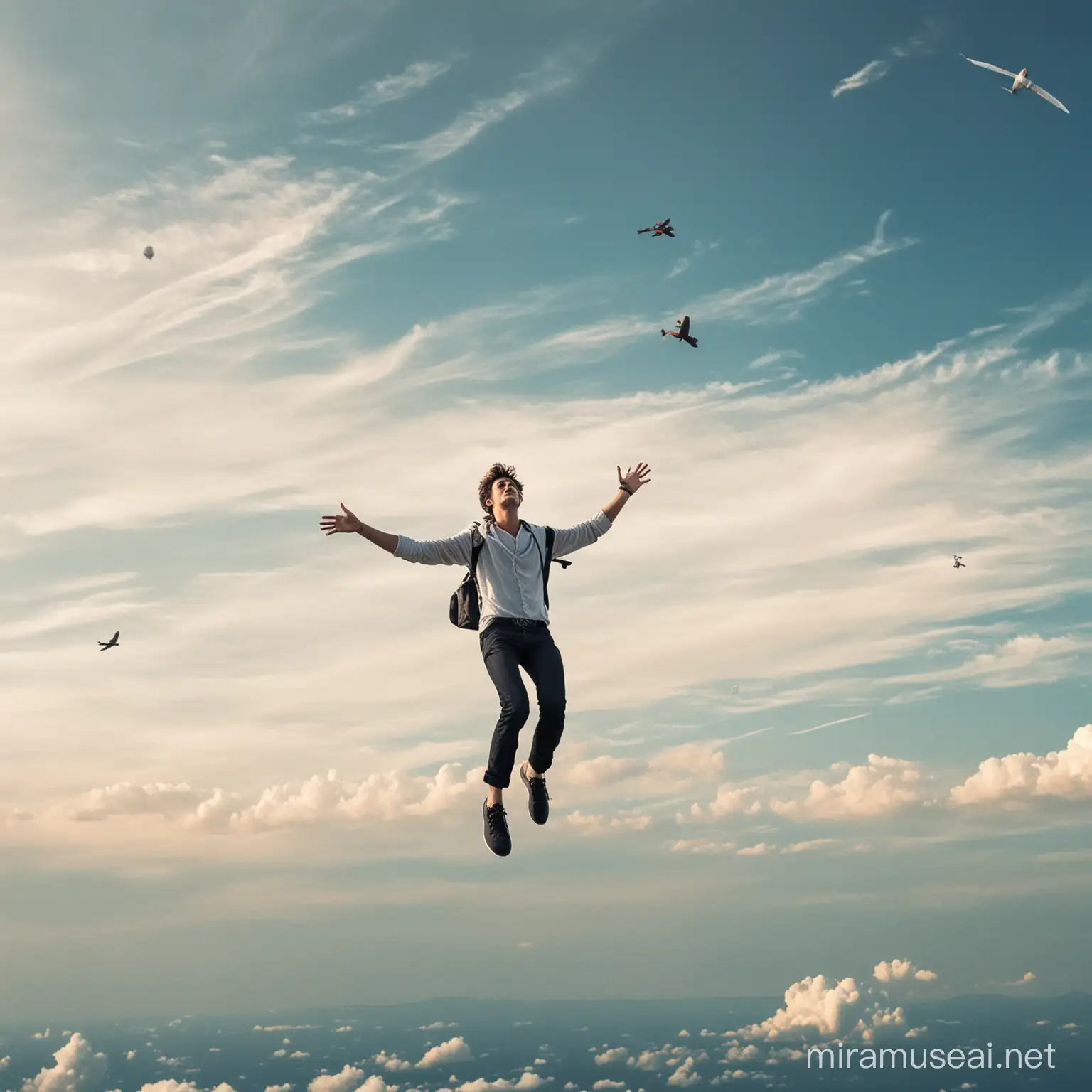 Man Soaring Through Clouds with Jetpack