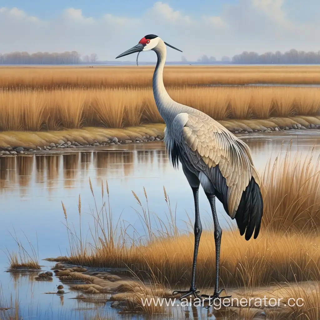 Majestic-Crane-Gracefully-Stands-Alongside-Serene-Marsh-Waters