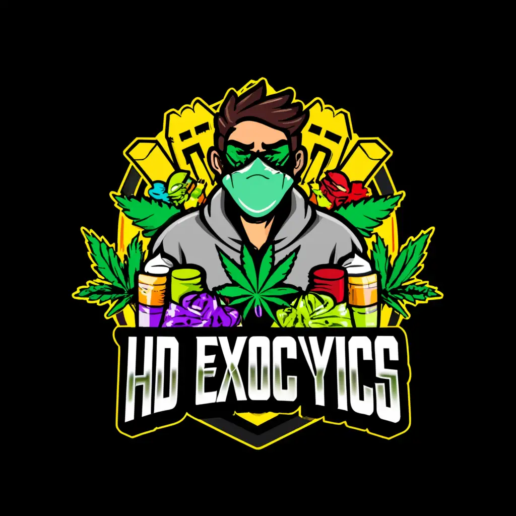 a logo design,with the text "HD EXOCTICS", main symbol:weed themed buisnese logo with man with mask and weed everwhere with bright colours and alot of packets of sweets and bags of weed using mostly green and black colours,Moderate,clear background