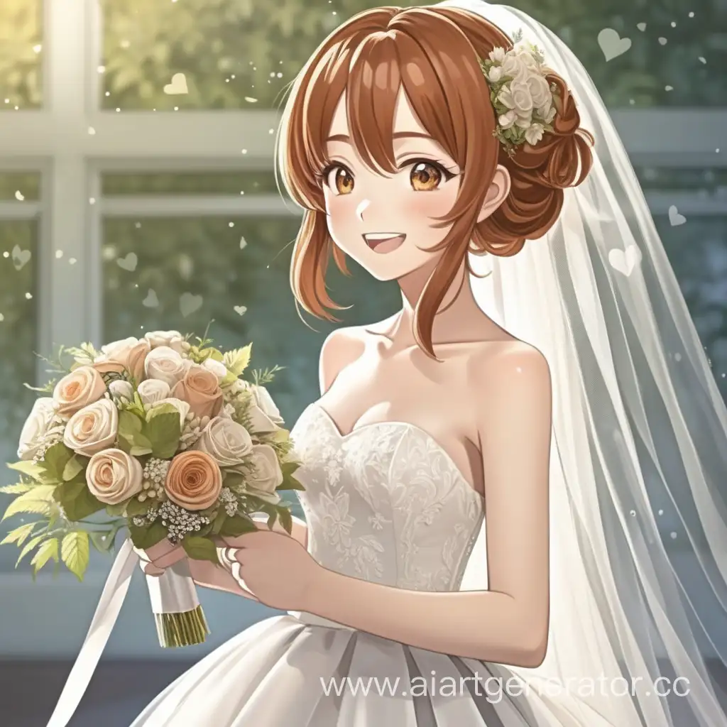 Аниме арт невеста девушка с каштановыми волосами в свадебном платье счастлива