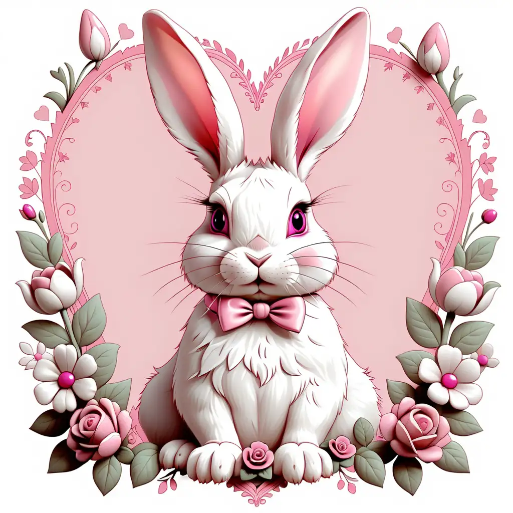 Coquette Bunny Rabbit Surrounded by Pink Hearts and Flowers on White Background