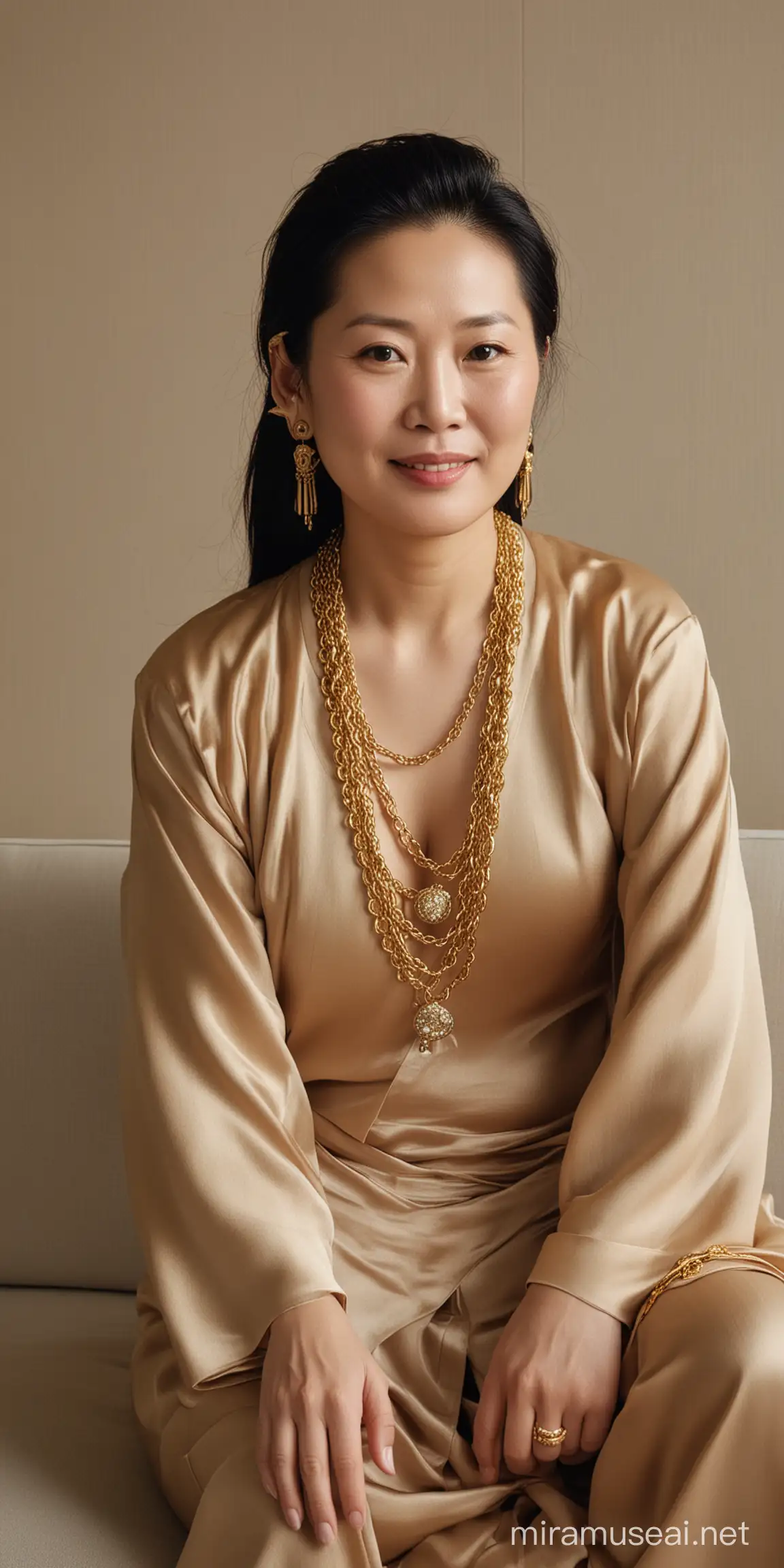 一个50岁中国女人，身材肥胖，满脸横肉，脖子上带着一条很粗的黄金项链。穿着高端的衣服，做在沙发上。