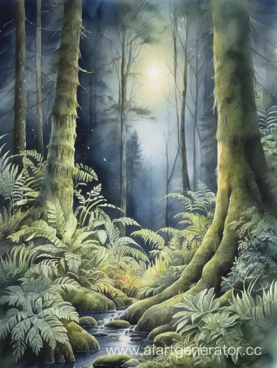 Enchanting-Forest-Scene-Vibrant-Watercolor-Night-in-Hot-Jungles