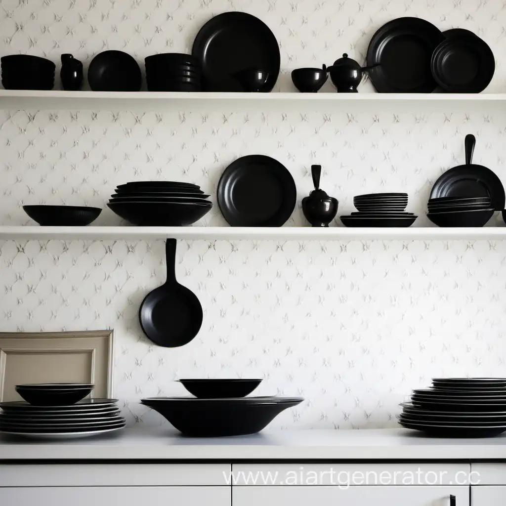 Elegant-Dining-Setting-with-Contrasting-Colors-Black-Dishes-on-White-Wallpaper