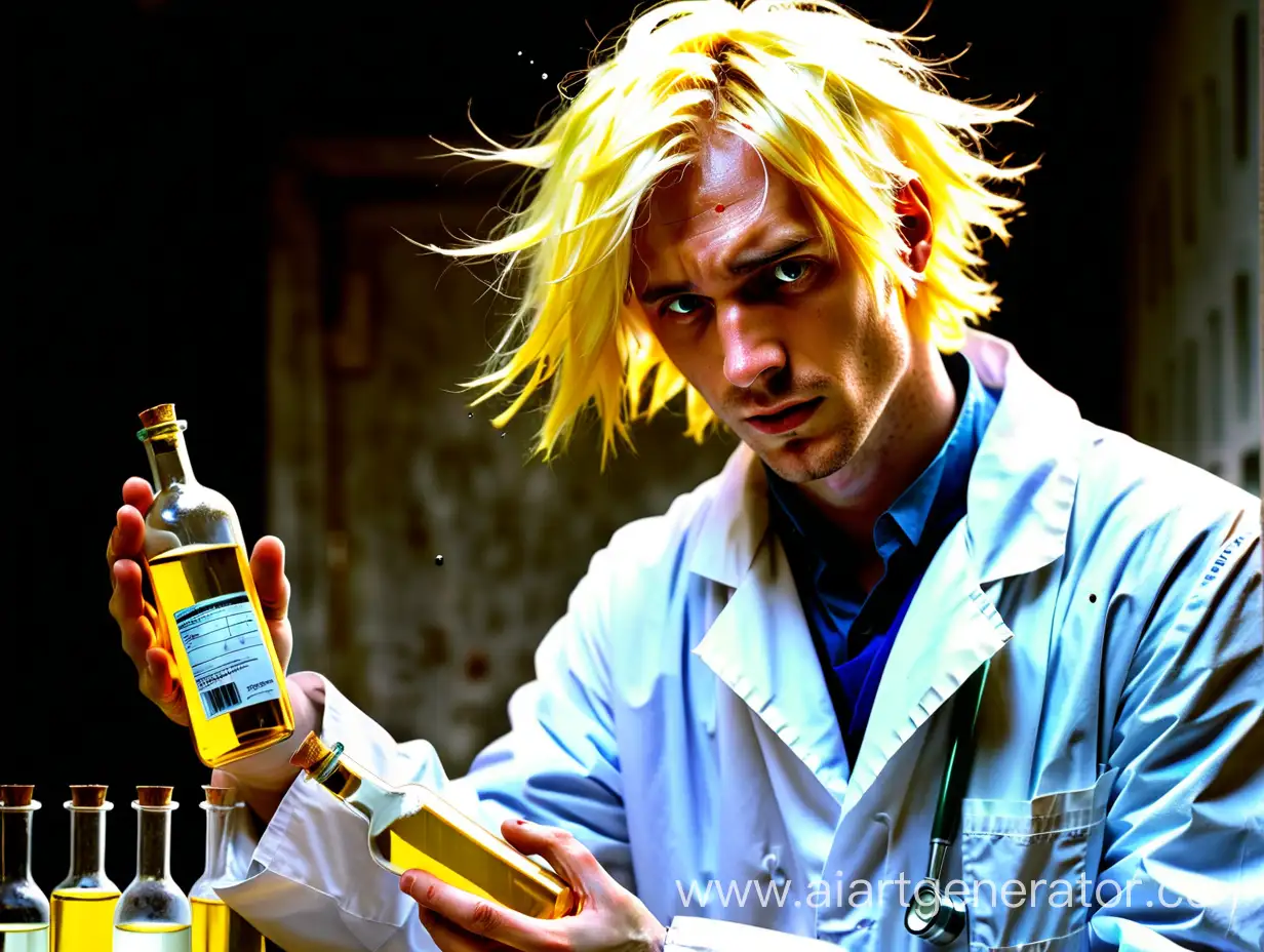 Prompt: The 30-year-old European guy, with asymmetrical yellow hair, a scientist in a white medical coat, is smashing bottles.




