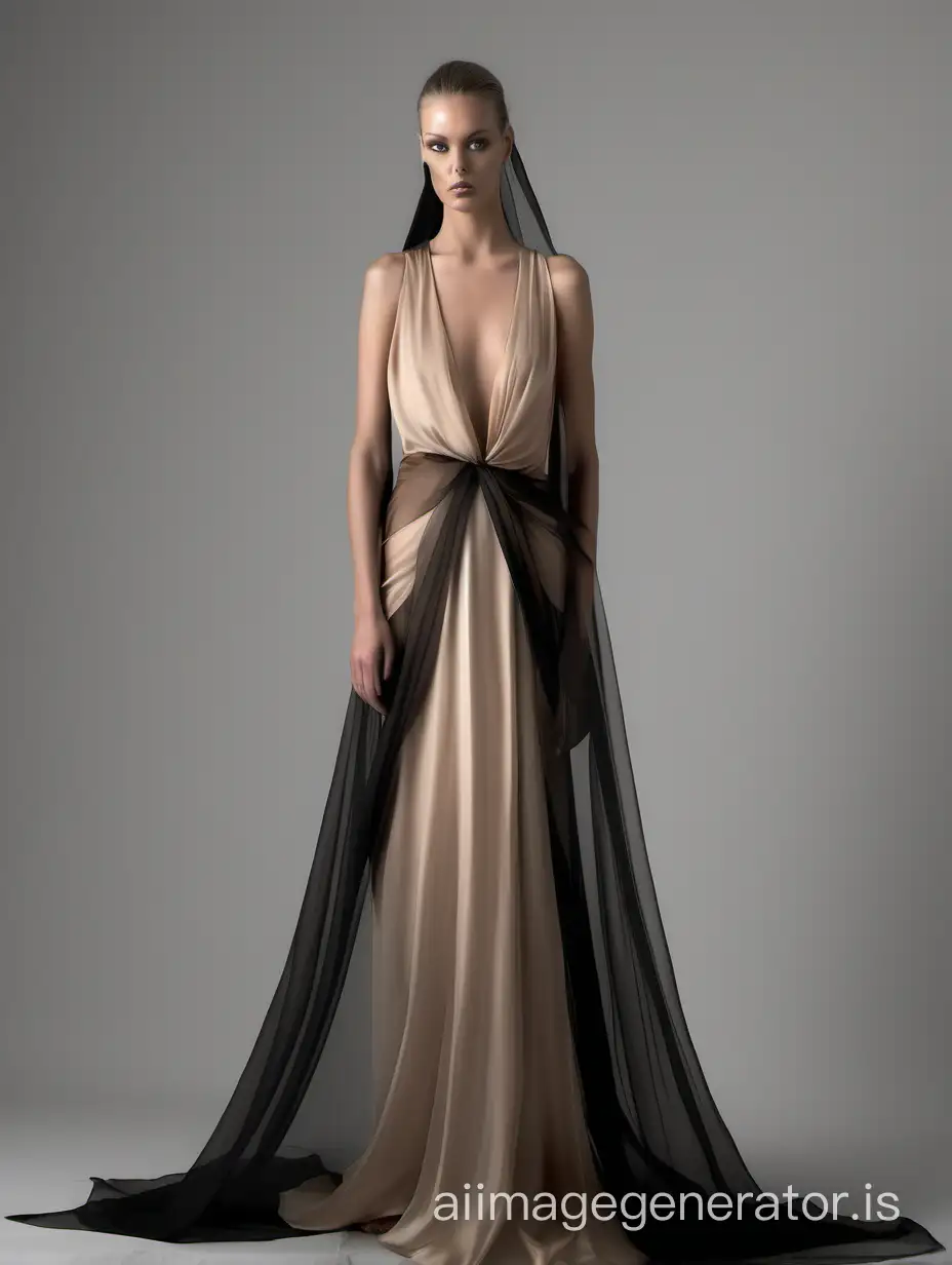 elegant long beige silky dress combined with a transparent draped black veil.high-quality, detailed, elegant, ethereal, black and beige tones,RAW