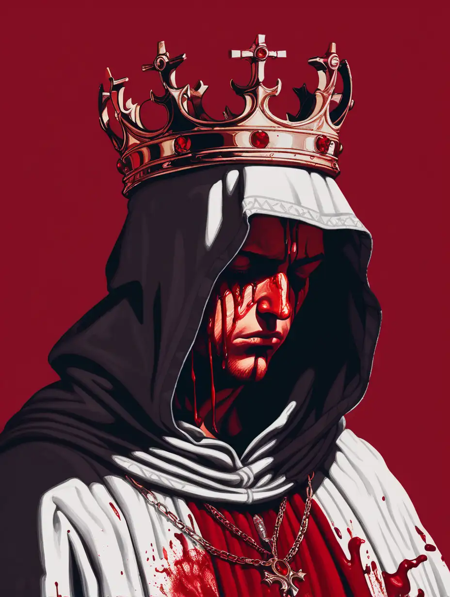 Holy, head down, hood on, bloody, crown on head, Renaissance, red background