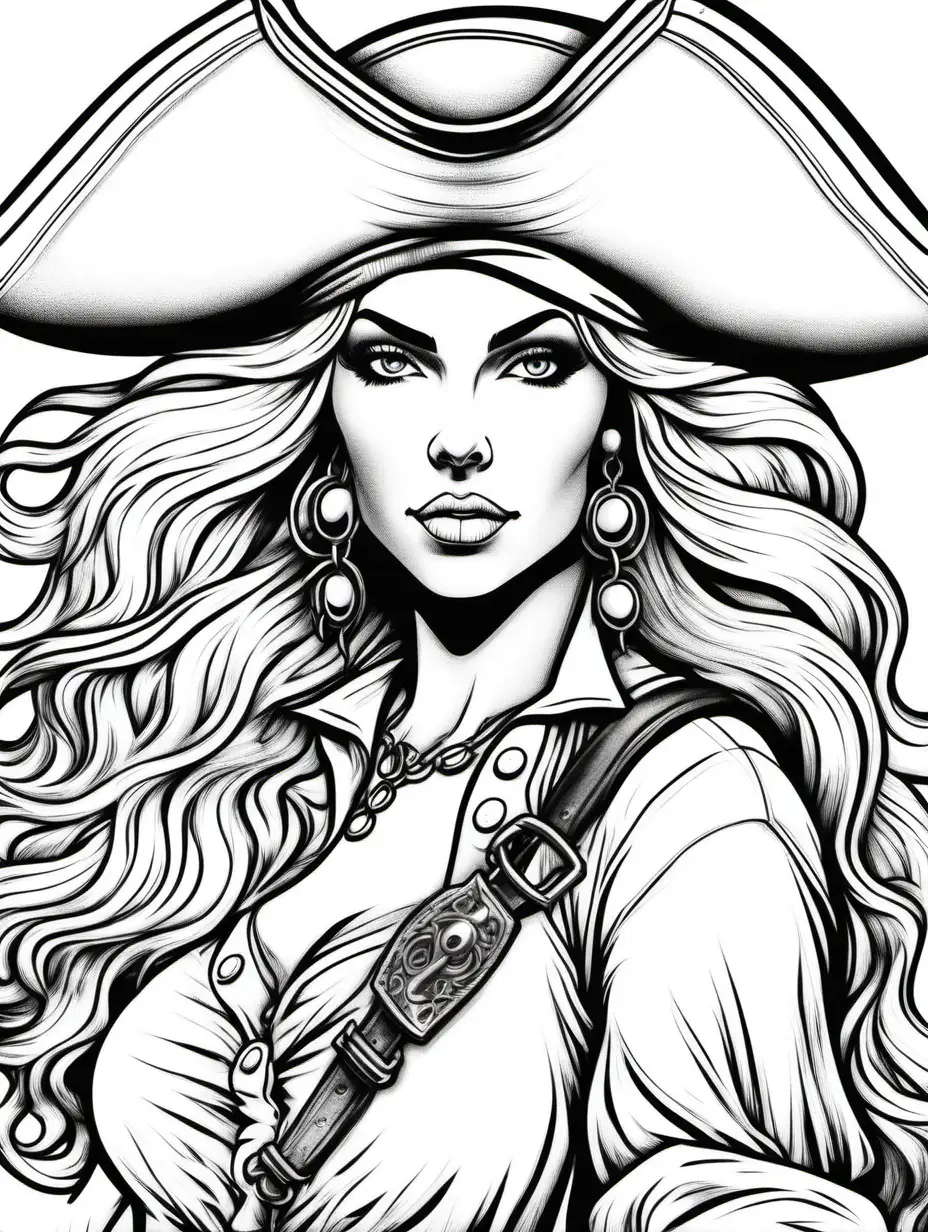 create a tall coloring page of a glamorous curvy bohemian pirate woman, blond hair, black outlines, no shades, no shading, no grayscale