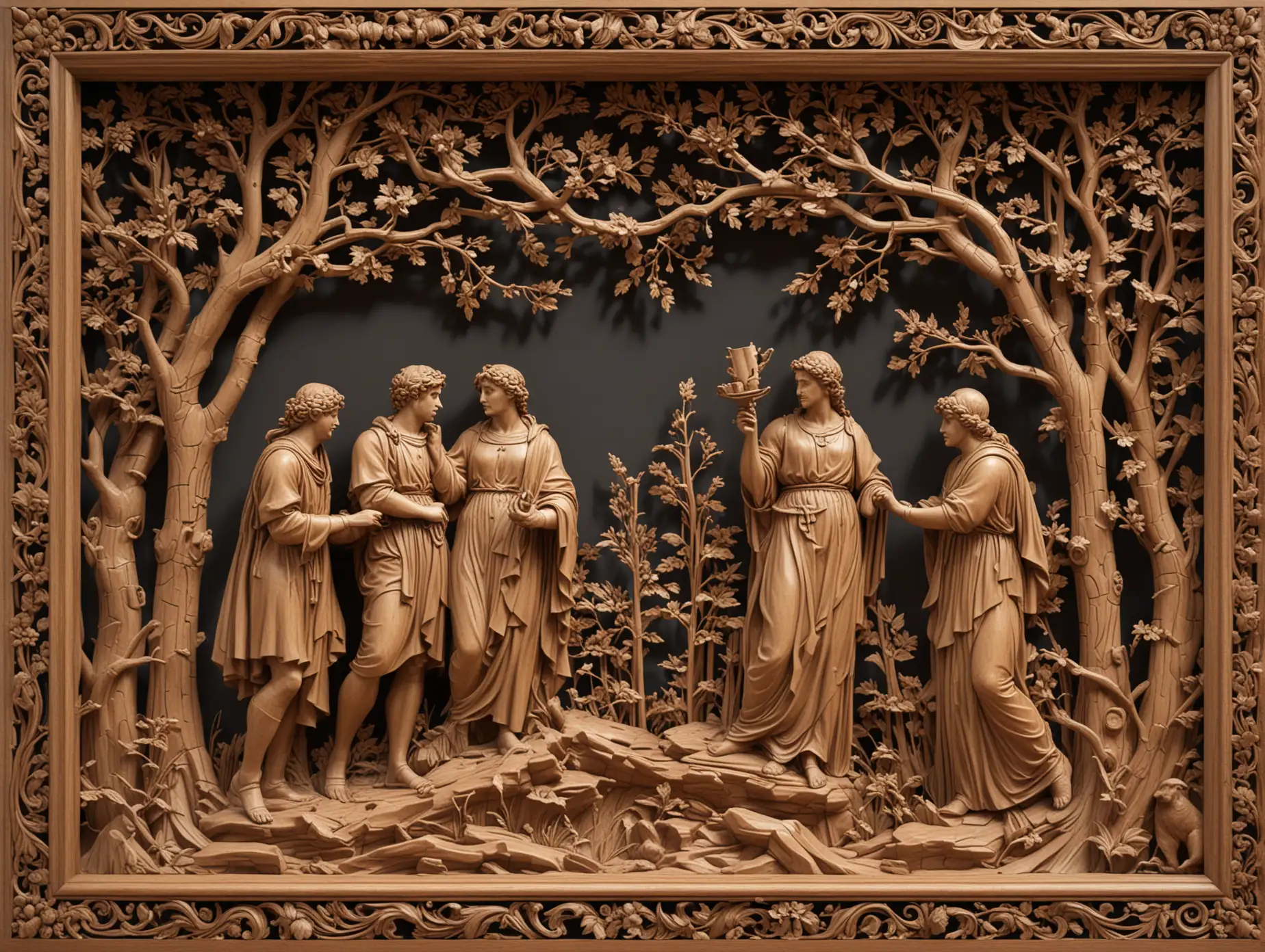 Exquisite-3D-Wood-Lacquer-Frame-Intricately-Carved-Roman-Scene-Inspired-by-Aubrey-Beardsley