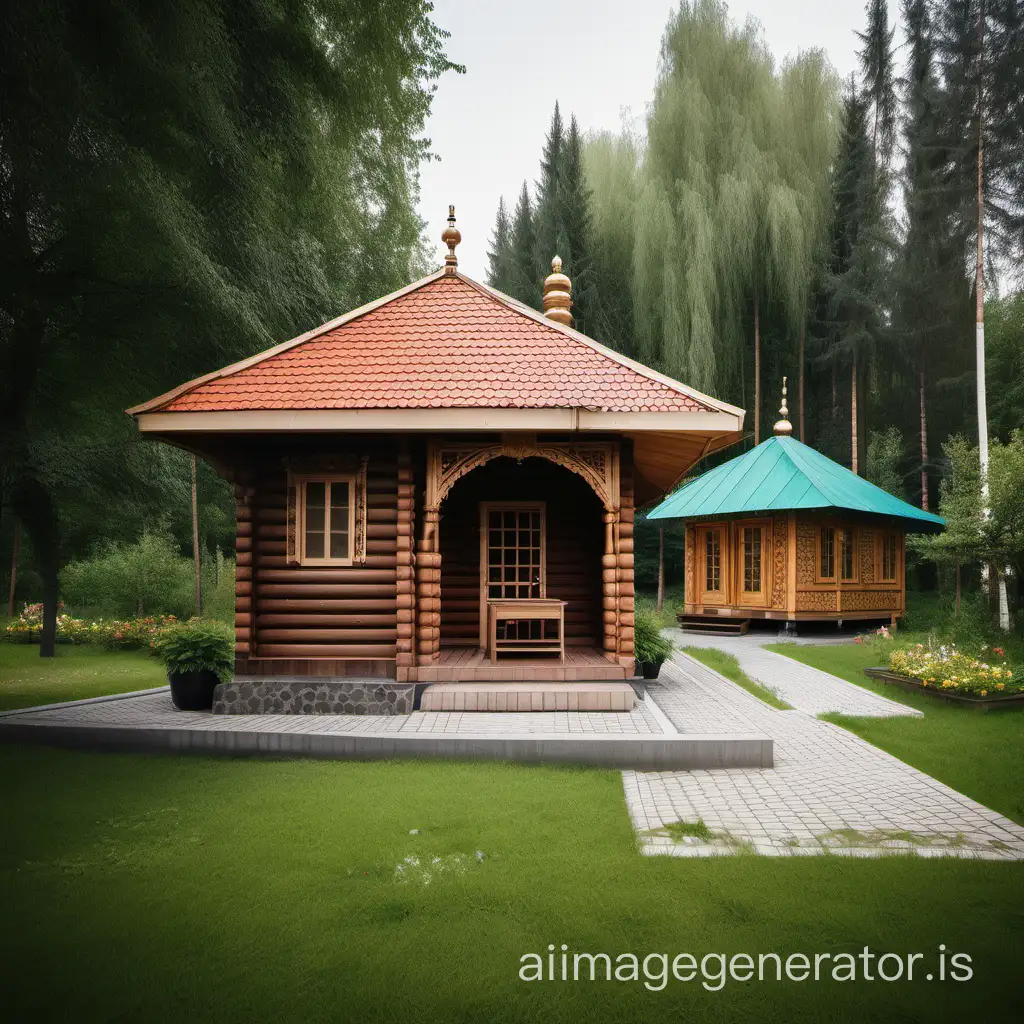 A small one-story wooden house in RUSSIAN style, next to the house is a small wooden bathhouse in Russian style, next to the bathhouse is a small gazebo in Russian style with a barbecue and grill, a small pool, concrete pathways, and a lawn around.