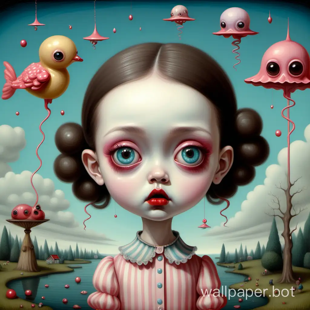 cute girl in the style of Mark Ryden. Childish surrealism. Gouache. A clear, clean picture with lots of interesting details. Highest quality. 4K