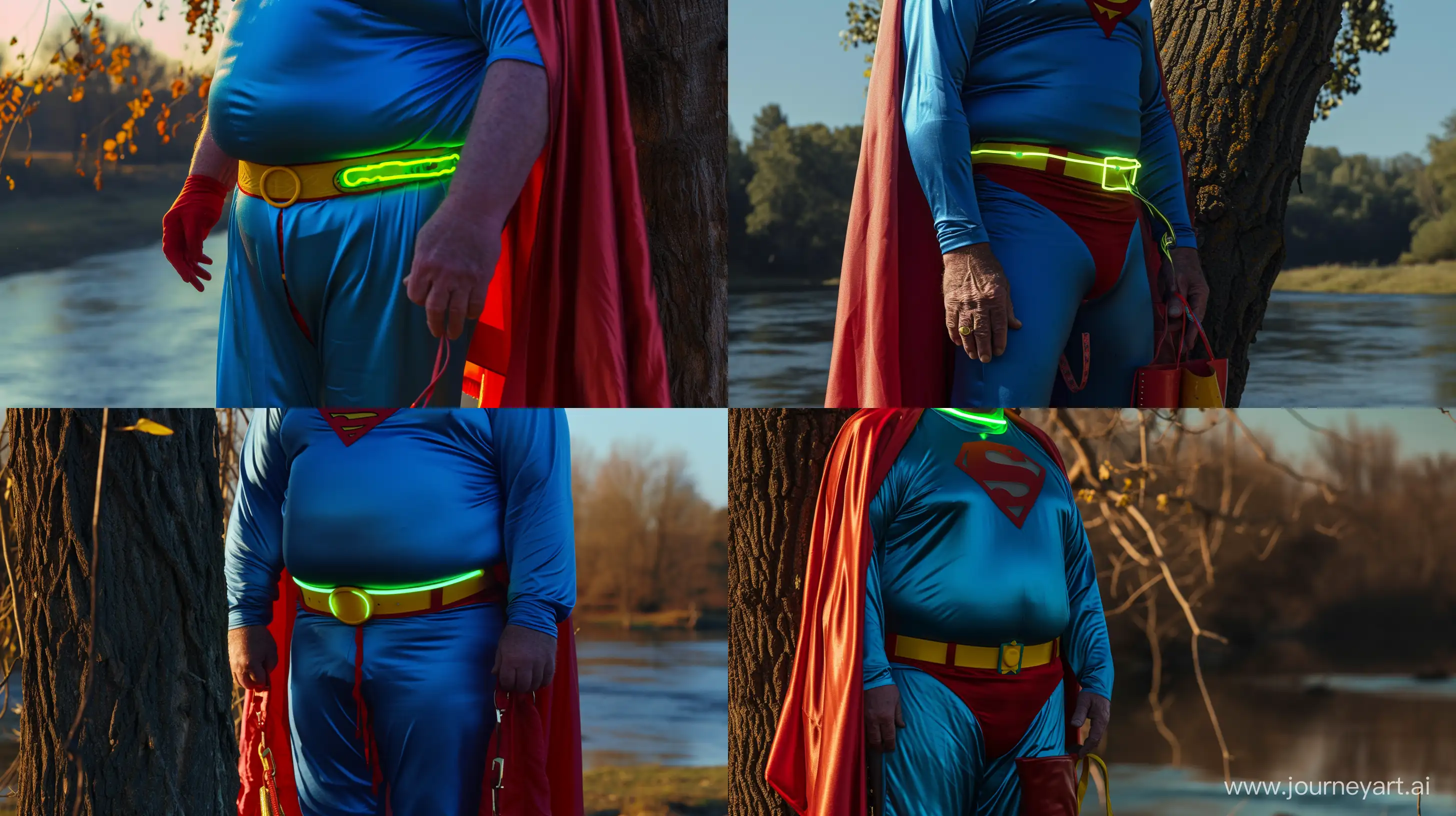 Close-up photo of a fat man aged 60 wearing a tight blue 1978 smooth superman costume with a red cape and tight green glowing neon dog collar hanging from a tree. Blue silk shirt. Blue silk pants. Red boots. Red Bathing Trunks. Yellow Belt. Natural Light. River. --style raw --ar 16:9