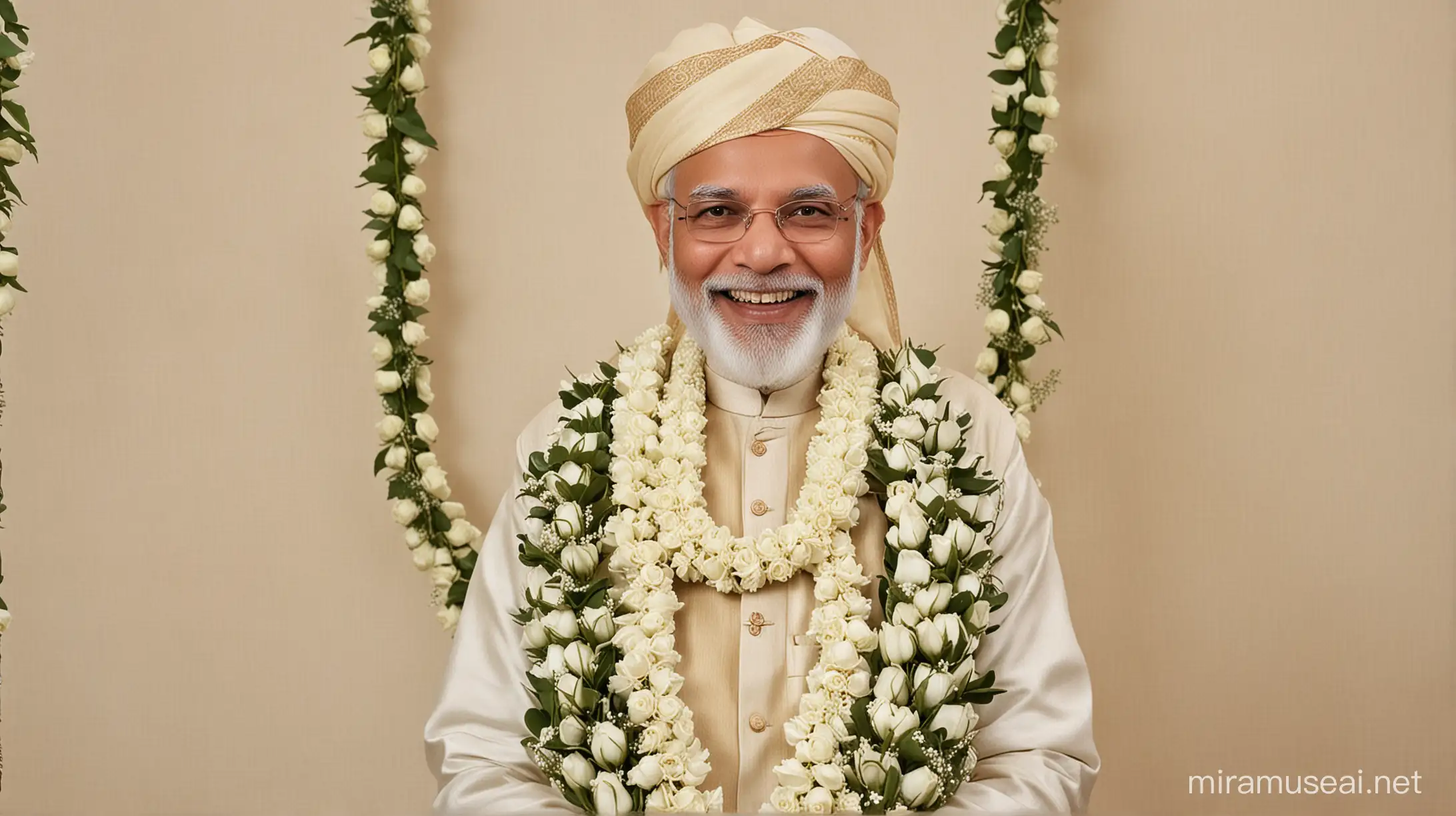 Narendra Modi, Indian prime minister , wearing traditional indian groom outfit, smiling , holding a garland of white roses, looking a little eager to marry