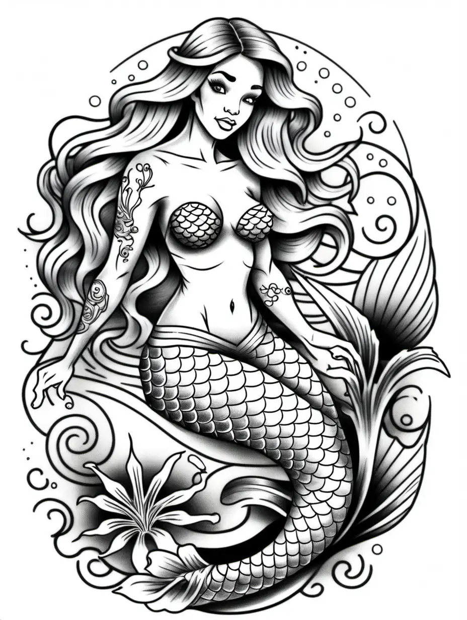 Enchanting Mermaid Tattoo Design for Coloring Book Bliss