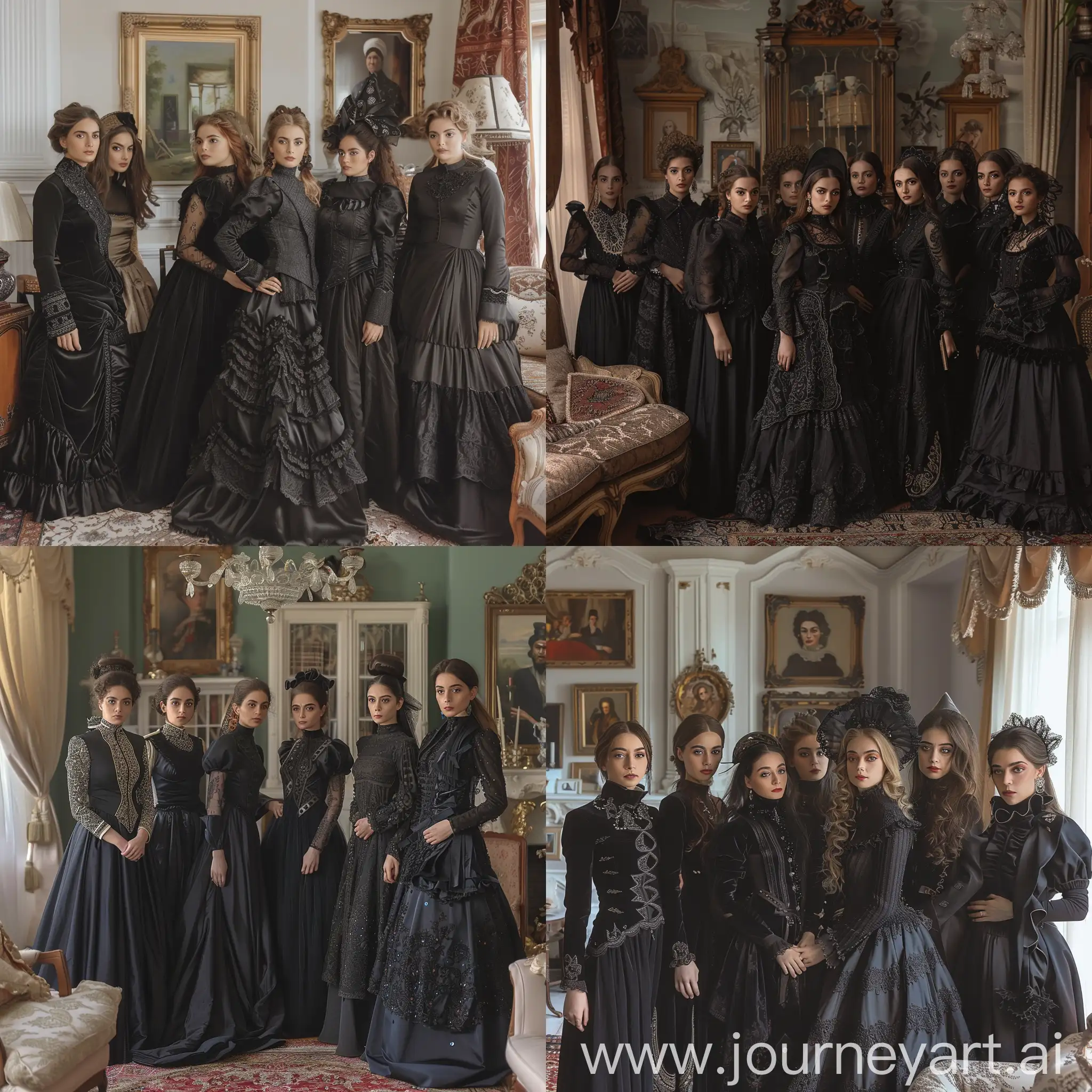 a group of women standing next to each other in a living room, inspired by Albert Dorne, baroque, black victorian dress, shohreh aghdashloo, turkey