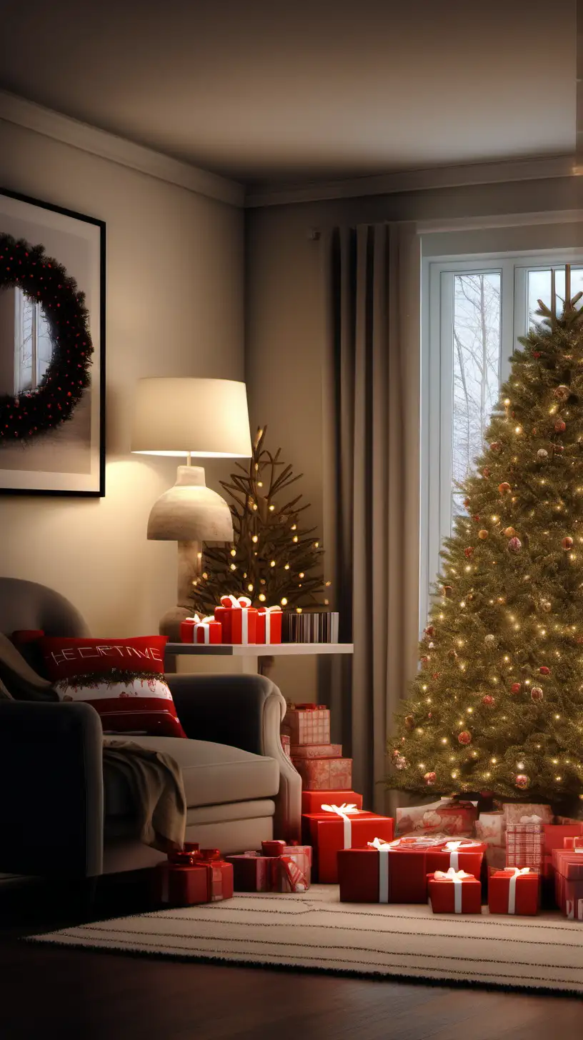 Cozy Christmas Home Scene with Warm Lights in Hyperrealistic Style