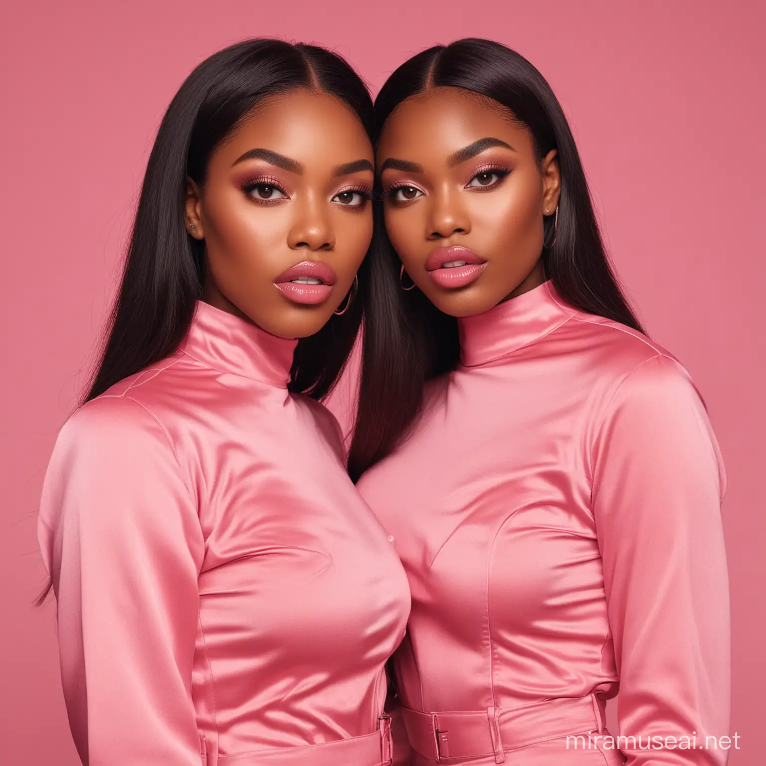 Craft a stunning full portrait shot featuring two African American beauties with plump lips sleek straight hair, embodying the essence of modern 'Instagram baddies. Showcase their confident allure, merging contemporary style with beauty, perfect for our captivating Clothing  campaign. Pink with pink background