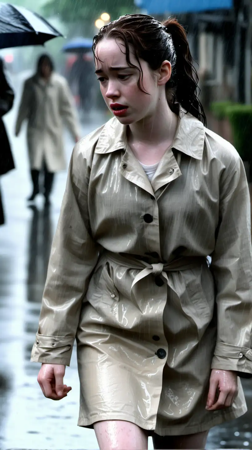 Anna Popplewell, queue de cheval,  trempée et mouillée par la pluie,  pleure , larmes, imperméable beige  ouvert et chemisier blanc en polyester et mini jupe crayon gris en lin dans rue très éclairée 