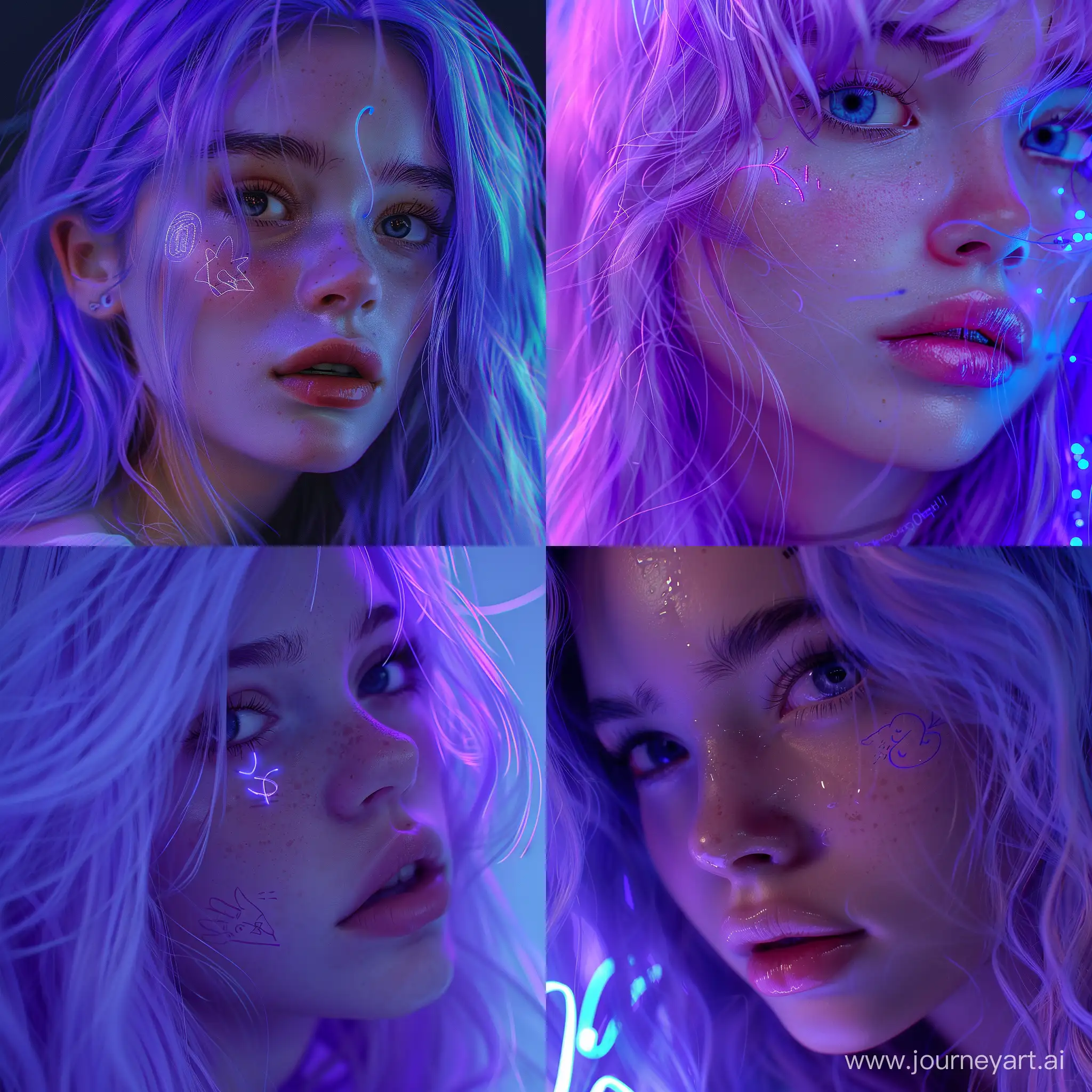 Beautiful detailed face of a 24 year old girl with soft purple hair, lovely, soft purple hair, small felt-tip pen drawing on her cheek, lovely, blue neon light hits the girl's face